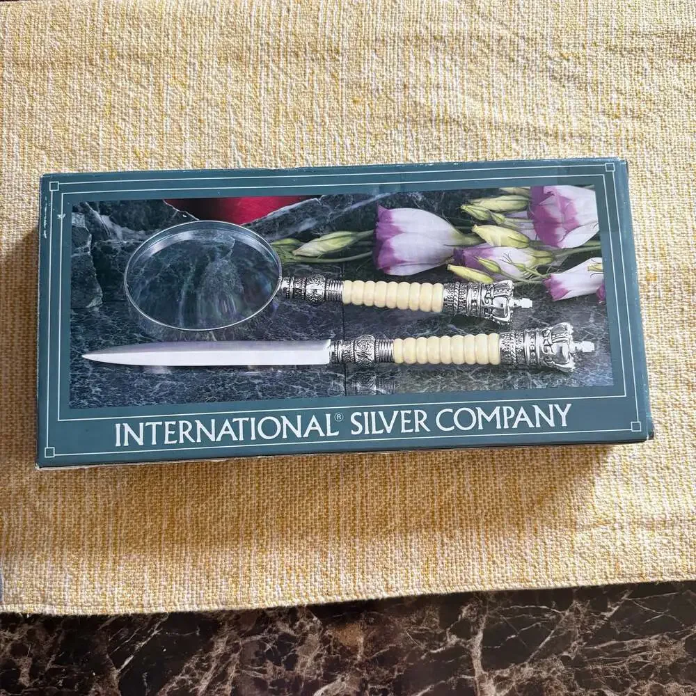 International Silver Company Silverplated Glass Magnifier & Letter Opener Set No
